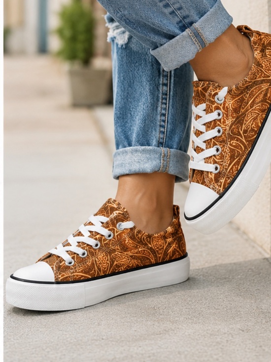 Everglades Shoes - Everglades Shoes Tooled Leather Print Canvas Sneakers Casual Slip-On